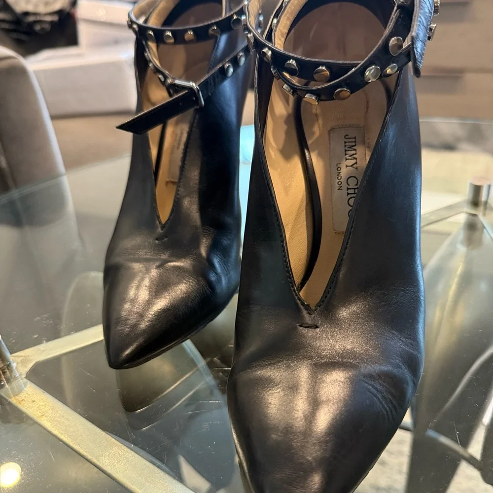 Black Stiletto Heels with Silver Studs Ankle Strap